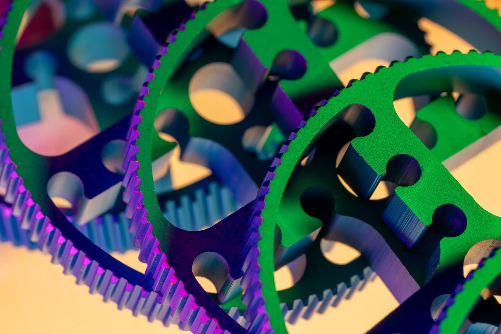 Anodised aluminium components showing coloured anodic oxide finishes.